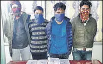  ?? HT PHOTO ?? The four arrested gangsters, including Harsimrand­eep Singh Simma, in Dehradun.