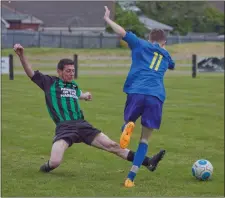  ??  ?? Denis McAuliffe of Arklow United tackles Wicklow Town’s Patrick Murphy.