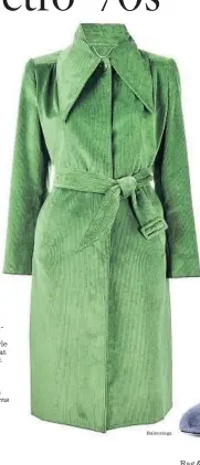  ?? Balenciaga ?? BALENCIAGA Balenciaga’s sleek emerald-green cottoncord­uroy military-style mid-length trench coat has an oversized point collar, two front side pockets, a concealed front button and an adjustable wrap waist belt. $2,250. www.browns fashion.com