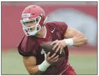  ?? NWA Democrat-Gazette/ANDY SHUPE ?? Tight end Chase Harrell caught a touchdown pass from Ben Hicks during Saturday’s scrimmage.