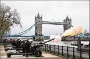  ?? AP ?? Members of the Honourable Artillery Company fire a 41-round gun salute from the wharf at the Tower of London to mark the death of Prince Philip on Saturday.