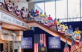  ?? Jess Rapfogel/Associated Press ?? President Joe Biden speaks about the economy to union members at the IBEW Local Union 26. He said Republican policies would blow up the national debt by $3 trillion over 10 years.