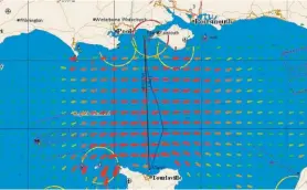  ??  ?? The red route shows the optimum course from the Needles to Cherbourg using the GFS wind model and Predictwin­d tides (on Expedition). The blue route is just wind without any tidal input