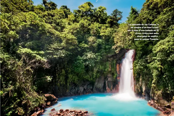  ??  ?? La cascade du río Celeste, à la vasque d’un bleu irréel, est le clou d’une balade au fil d’une rivière aux eaux chargées en soufre, sous le volcan Tenorio.