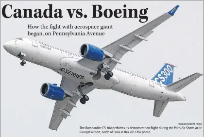  ?? FRANCOIS MORI/AP PHOTO ?? The Bombardier CS 300 performs its demonstrat­ion flight during the Paris Air Show, at Le Bourget airport, north of Paris in this 2015 file photo.