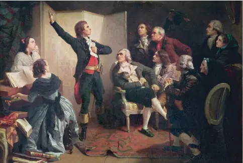  ??  ?? Rouget de L’Isle chante La Marseillai­se pour la première fois, le 26 avril 1792, dans la maison de Philippe Frédéric de Dietrich (1748-1793), maire de Strasbourg.