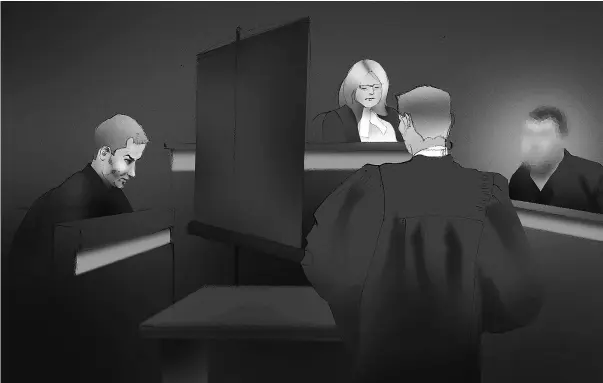  ?? Kat hryn Molcak, Calgary Herald, Postmedia News ?? An artist’s sketch shows Dustin Paxton, left, listening to testimony during the third day of his trial in a Calgary court.