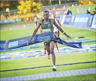  ?? ?? Moses Tarinyiku won the men’s half marathon at the TotalSport­s Two Oceans marathon