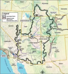  ?? COURTESY GRAPHIC ?? The Colorado River is shared by seven Western states, but each is allotted a different priority and amount of the water which has been steadily declining under the pressures of use and drought.