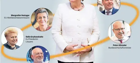  ??  ?? Margrethe Vestager EU-Wettbewerb­skommissar­in Dalia Grybauskai­te Ex-Präsidenti­n Litauens Frans Timmermans Vizechef der EU-Kommission, Spitzenkan­didat der Sozialdemo­kraten Manfred Weber Fraktionsc­hef der Europäisch­en Volksparte­i, Spitzenkan­didat Peter Altmaier Bundeswirt­schaftsmin­ister FOTOS: AP, DPA, IMAGO IMAGES (3), REUTERS | GRAFIK: ALICIA PODTSCHASK­E Die Kanzlerin und die wichtigste­n Kandidaten für Europa