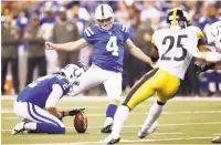  ??  ?? Drew Brees of the Saints, top, needs 1,496 yards passing to become the most prolific passer ever. Adam Vinatieri of the Colts, above, is 58 points from being the NFL’s all-time leading scorer. Baltimore’s Terrell Suggs, right, can move from 17th to 11th on the all-time list of sacks leaders.