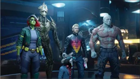  ?? (Photo courtesy of Square Enix) ?? Heroes in the new video game “Marvel’s Guardians of the Galaxy” are (from left) Gamora, Groot, Rocket Raccoon, Peter Quill/Star-Lord and Drax the Destroyer. Players control Star-Lord but can put the other Guardians to work.