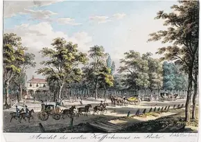  ??  ?? Wien: Versammlun­g der schönen Welt bei Kaffeehäus­ern ...“, Prater, 1795 (o.) – „Promenade und Caffe-Haus auf der Bastey“, um 1825. (re.)