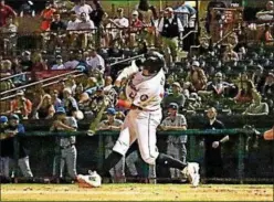  ?? FRANCESCO PALUMBO — TRICITY VALLEYCATS ?? Nathan Perry hits a home run at Joe L. Bruno Stadium on against the Hudson Valley Renegades.