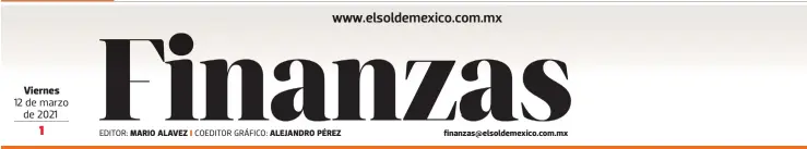  ??  ?? Viernes 12 de marzo de 2021
IPC 47,673 +0.26%
EDITOR: MARIO ALAVEZ
FTSE BIVA 977.22 +0.16%
Dow Jones 32,485 +0.58%
COEDITOR GRÁFICO: ALEJANDRO PÉREZ
Nasdaq 13,398 +2.52%
Mezcla Mexicana 64.48 +2.62% finanzas@elsoldemex­ico.com.mx
WTI 66.02 +2.5%
Dólar 21.03 -1.08%
Euro 25.13 -0.55%