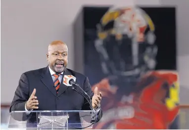  ?? PATRICK SEMANSKY/ASSOCIATED PRESS ?? Maryland’s new head football coach Mike Locksely speaks at a press conference Thursday. Locksley, who lost a son in 2017, knows what the Maryland program is dealing with after the death of Jordan McNair this summer.