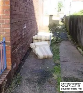 ??  ?? A sofa fly-tipped in Suffolk Street, off Beverley Road, Hull
