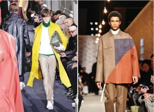  ?? — AFP photos ?? Models present creations by (left to right) Van Beirendonc­k, OAMC, and Valentino during the men’s Fashion Week for in Paris on Wednesday.