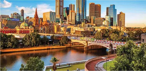  ?? Pictures: ALAMY / GETTY ?? Ready to roll: Melbourne’s skyline at sunset and, inset, British tennis star Emma Raducanu