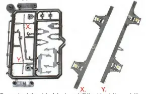  ?? ?? The wagon’s underframe is handed, so be sure to fit the solebars to the correct sides. The brake levers are also different on either side – the letters correspond to those on the underframe floor.