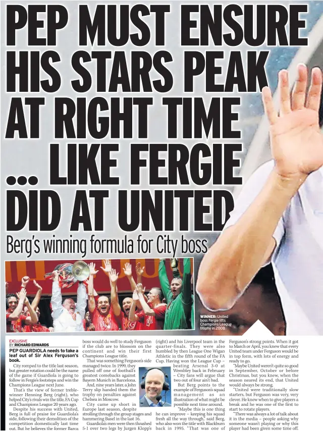  ??  ?? WINNER: United boss Fergie lifts Champions League trophy in 2008