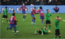  ?? Zaha. Photograph: Ashley Western/Colorsport/Shuttersto­ck ?? Crystal Palace's Jaïro Riedewald (44) celebrates scoring his side's second goal with Wilfried