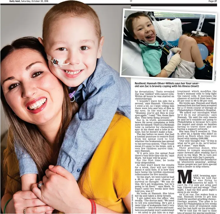  ?? Picture:SWNS ?? Resilient: Hannah Oliver-Willets says her four-yearold son Zac is bravely coping with his illness (inset)