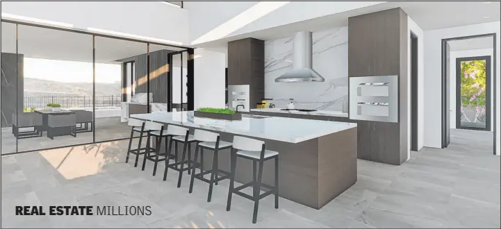  ?? G Architectu­re ?? The kitchen design, still in developmen­t, integrates two-tone wood-grained custom cabinetry, quartz counters and Dacor and Bosch black stainless-steel appliances.