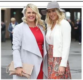  ??  ?? ABOVE: RTÉ’s Evanne Ní Chuilinn, right, and Jackie Hurley. RIGHT: Alex Butler, from Cork, who won the Bollinger Best Dressed Lady competitio­n. FAR RIGHT
(left to right): Ally McParland from Newry, Emma Curtis from Meath and Sarah McEvoy from Newry...
