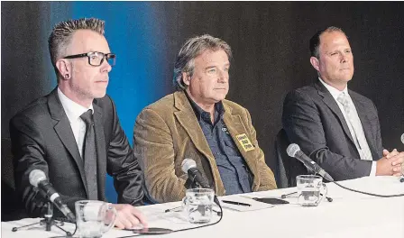  ?? JULIE JOCSAK THE ST. CATHARINES STANDARD ?? Johnny Tischler, Richard Stephens and Walter Sendzik participat­e in the St. Catharines mayoral debate at the YourTV Studios in Niagara Falls.