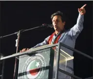  ?? XINHUA/ZUMA PRESS ?? Imran Khan, chief of the Pakistan Tehreek-e-Insaf (PTI) party, addresses his supporters during an election campaign rally in southern Pakistani port city of Karachi on July 22. Khan claimed a resounding victory Thursday and was poised to become Pakistan’s next prime minister after an election tarnished by allegation­s the army rigged the campaign in his favor.