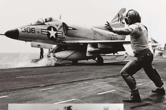  ??  ?? Above: Off the coast of Vietnam, A-4C #306 of VA-153 “The Blue Tail
Flies” carrying two MK-83 1,000-pound bombs is seconds away from launching off the USS Coral Sea (CV-43) in 1965. (Photo courtesy of Jack Cook)