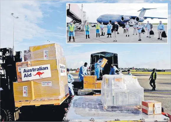  ?? Pictures: AUSTRALIAN HIGH COMMISSION ?? Aid from Australia at the Nadi Internatio­nal Airport. Inset: The Australia and New Zealand Medical Assistance Team Bravo arrived at the Nadi Internatio­nal Airport on Wednesday.