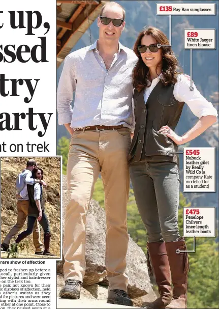  ??  ?? Intrepid: William wore traditiona­l walking boots while Kate opted for a riding style £135 Ray Ban sunglasses £89 White Jaeger linen blouse
£545 Nubuck leather gilet by Really
Wild Co (a company Kate modelled for as a student) £475 Penelope Chilvers...