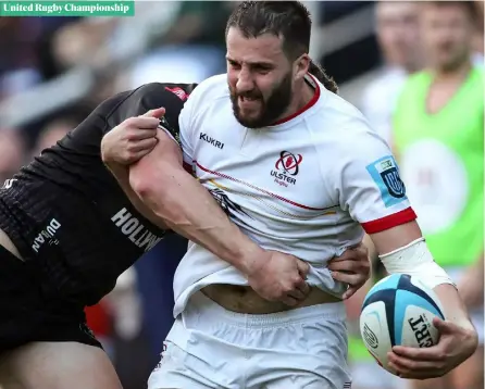  ?? ?? Shark bite:
Ulster’s Stuart Mccloskey is tackled by Ethan Hooker during the loss to the Sharks