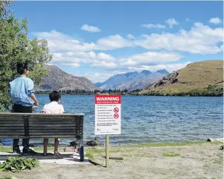  ?? PHOTO: TRACEY ROXBURGH ?? What lies beneath . . . The Otago Regional Council put up signs around Lake Hayes in February advising against recreation­al swimming after cyanobacte­ria scums were found in the lake. They can be be harmful to humans and animals.