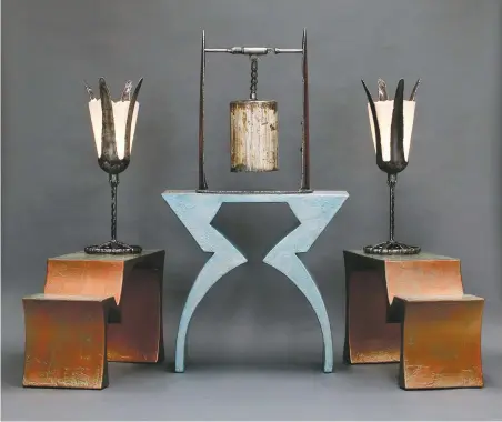  ??  ?? Ernst Gruler, Diamond Table with Gate Keeper Sound Sculpture and Stepped End Tables with Flared Tank Lamps (2019), wood laminate and mixed media, repurposed steel, and handmade paper; top right, Blair Vaughn-Gruler, Lyrical (2019), oil on canvas; Ernst Gruler, Ayer Table
with 6 Fame Chairs (2019), wood laminate and mixed media