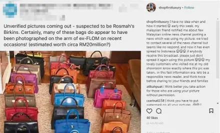  ??  ?? Real goods, fake news: Shopfirstl­uxury debunking the claim via Instagram that the picture above was of Rosmah’s confiscate­d handbags. The boutique says that the picture was taken in its old showroom.