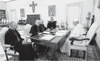  ?? Vatican Media / Getty Images ?? U.S. Attorney William McSwain sent the letter to Cardinal Daniel DiNardo of the Archdioces­e of Galveston-Houston, president of the U.S. Conference of Catholic Bishops, second from left.