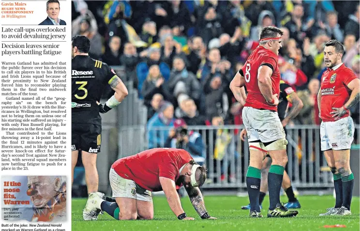  ??  ?? Butt of the joke: New Zealand Herald mocked up Warren Gatland as a clown