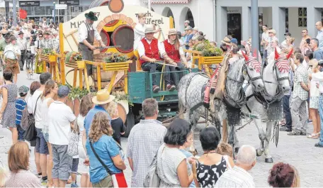  ?? FOTOS: THOMAS WARNACK ?? Mehr als 20 Gespanne nehmen an den Mengener Heimattage­n am Festumzug durch die Innenstadt teil.