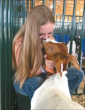  ?? Courtesy photos ?? This year, for 4-H and FFA, the Nichol twins are taking 21 sheep and three goats to the Custer County Fair. They shared memories of the year the family took 111 animals to the Fair, when all five girls where active in 4-H and FFA. Above left: Karla Nichols is “Lil’ Green,” the 4-H mascot at the Nebraska State Fair. Above right: Darla Nichols spends a sweet moment with a meat goat at the 2019 Custer County Fair.