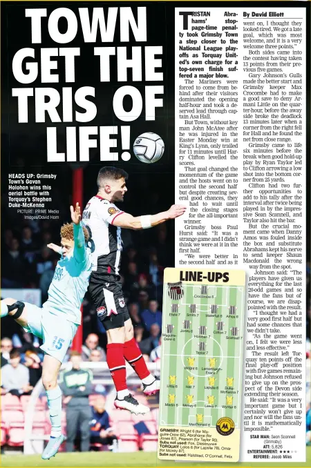  ?? PICTURE: PRiME Media Images/David Horn Halstead, O’Connell, Felix ?? HEADS UP: Grimsby Town’s Gavan Holohan wins this aerial battle with Torquay’s Stephen Duke-McKenna
GRIMSBY: Wright 6 (for Maguire-Drew 62), Abrahams (for Jones 87), Pearson (for Taylor 90).
Subs not used: Fox, Dieseruvwe
TORQUAY: Lolos 6 (for Lapslie
78), Omar (for Moxey 87).
Subs not used: