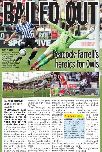  ??  ?? OWLS WELL Wednesday’s Florian Kamberi scores the first goal and
(below) Bailey Peacock-farrell saves Kieran Sadlier‘s penalty. (Below, right) Lee Gregory nets Wednesday’s second