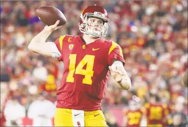  ?? Jordon Kelly / Icon Sportswire via Getty Images ?? Sam Darnold is pictured as a member of the USC Trojans on Nov. 4 playing against Arizona. He hopes to significan­tly impact the fortunes of the New York Jets.