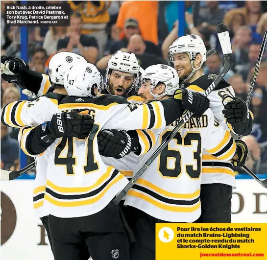  ?? PHOTO AFP ?? Rick Nash, à droite, célébre son but avec David Pastrnak, Tory Krug, Patrice Bergeron et Brad Marchand.