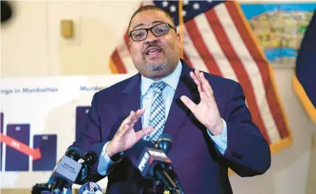  ?? FRANK FRANKLIN II/AP ?? Manhattan District Attorney Alvin Bragg gestures during a news conference Feb. 22 in New York.