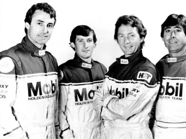  ??  ?? Above: Peter Brock (far left) and David Oxton (far right) flank David Parsons (middle left) and John Harvey (middle right), who shared the other HDT Commodore in 1985