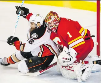  ?? LYLE ASPINALL ?? Ducks forward Patrick Eaves, shown making life difficult for Flames goalie Brian Elliott during the regular season, says his team’s first-round playoff series gives him a chance to visit his grandmothe­r in Calgary.