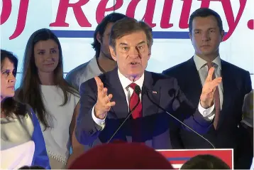  ?? The Associated Press ?? Mehmet Oz, Republican candidate for U.S. Senate in Pennsylvan­ia, speaks at a primary night election gathering in Newtown, Pa., on May 17.